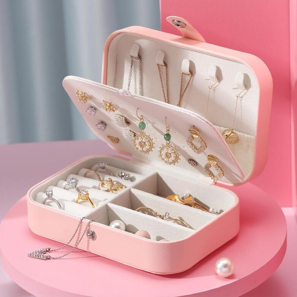 Portable Jewelry Earring Necklace Plate Organizer Box Pink