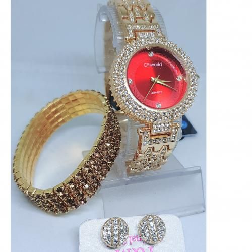 Ladies Non Tarnish Gold Watch + Bracelet + Earring