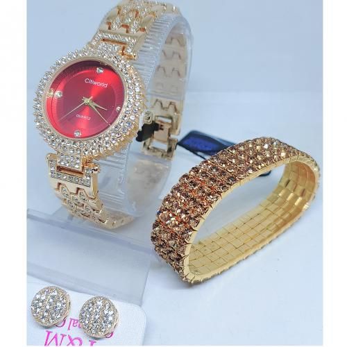 Ladies Non Tarnish Gold Watch + Bracelet + Earring