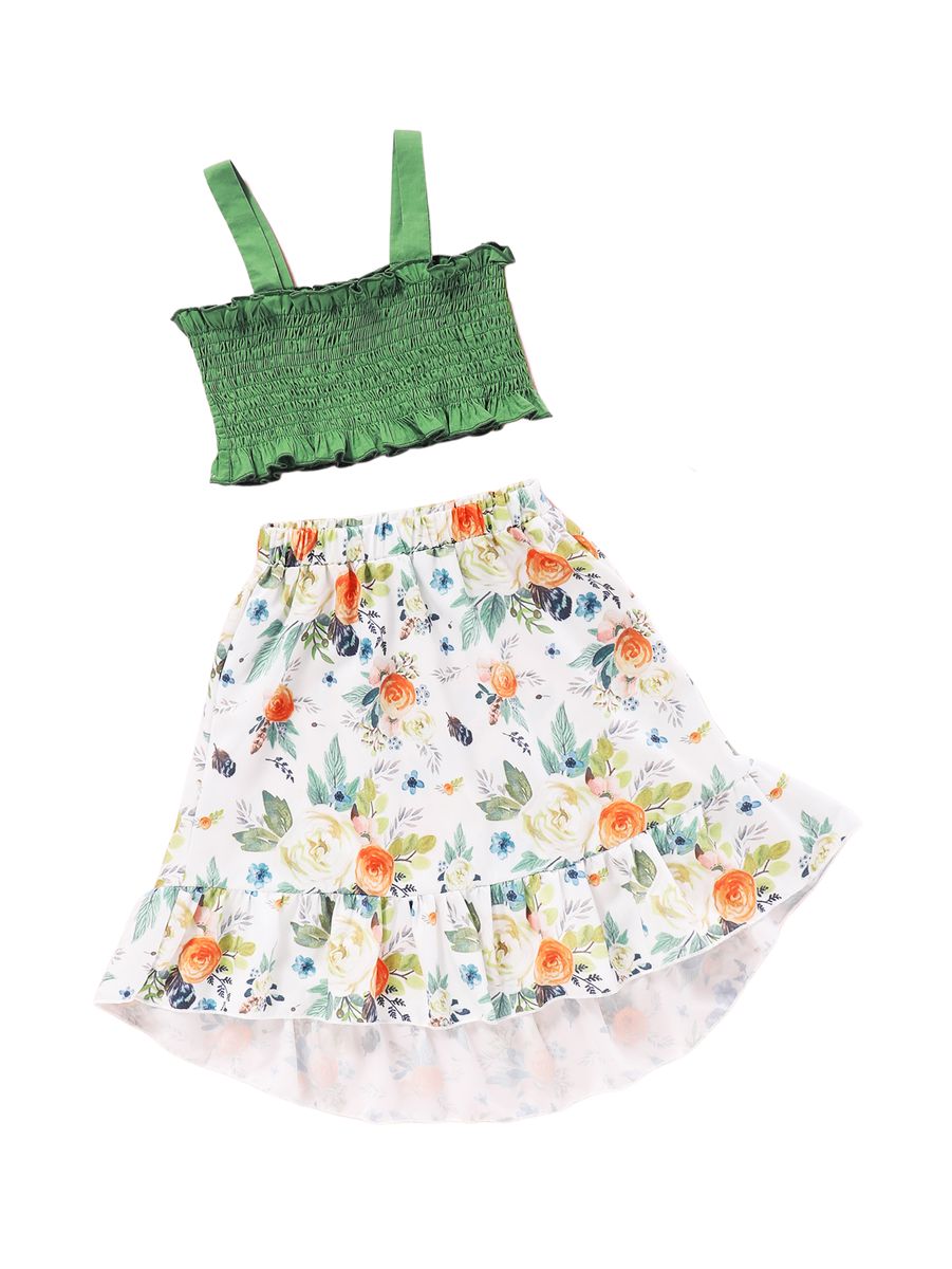 1-5 Years Kid Girl 2PCS Set Green Slip Tops+Floral Skirt