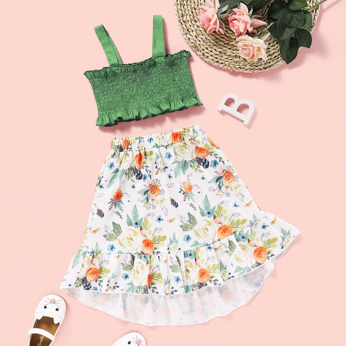 1-5 Years Kid Girl 2PCS Set Green Slip Tops+Floral Skirt
