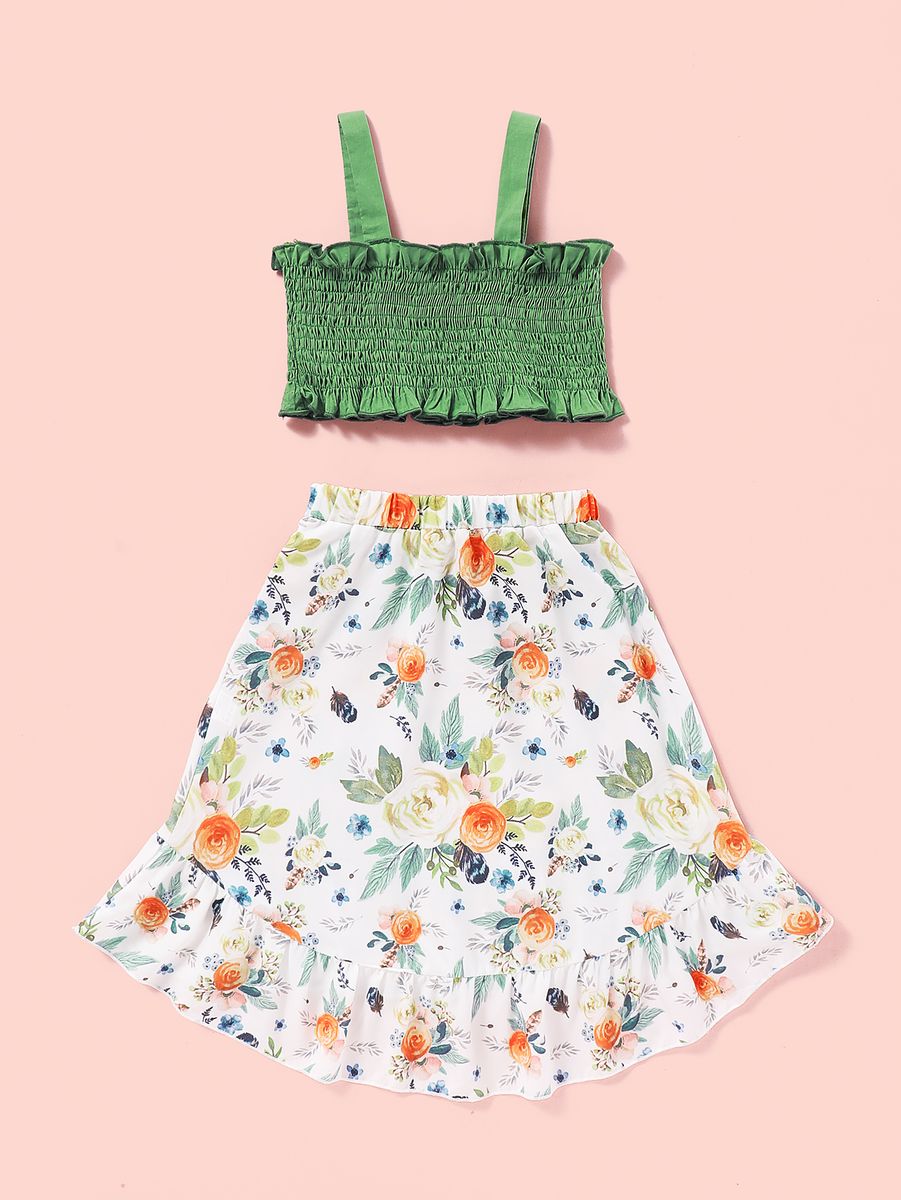 1-5 Years Kid Girl 2PCS Set Green Slip Tops+Floral Skirt