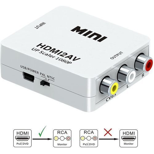 Mini AV/RCA/CVBS Jack To A HDMI Scaler 1080P Converter Box AV2HDMI Video Adapter For HDTV TV PS3 PS4 PC DVD Xbox Projector( White)