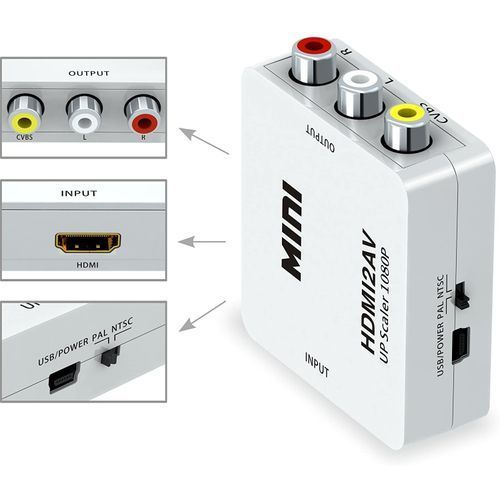 Mini AV/RCA/CVBS Jack To A HDMI Scaler 1080P Converter Box AV2HDMI Video Adapter For HDTV TV PS3 PS4 PC DVD Xbox Projector( White)