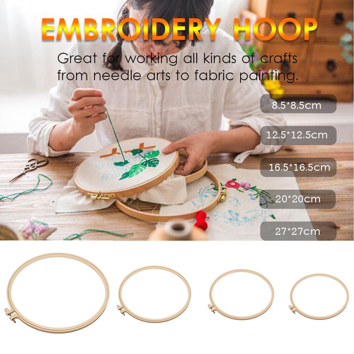 5 Sizes Wooden Bamboo Hand Embroidery Cross Stitch Ring Hoop Frames Plastic 27X27cm