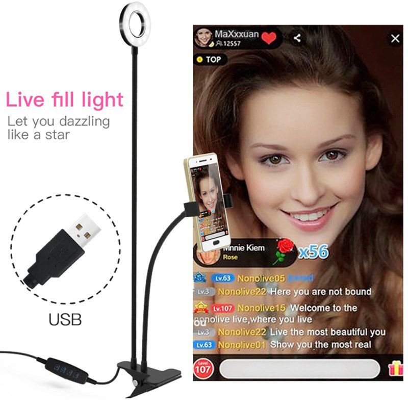USB Flexible Arm Selfie Clip Stand Ring Fill Light-Black