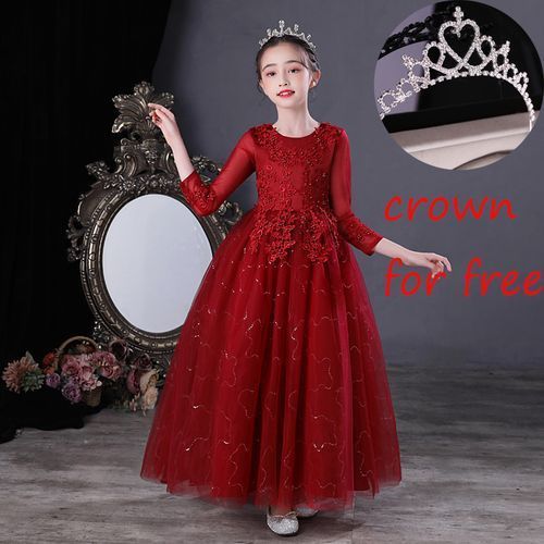 Girl Lace Christmas Birthday Party Dress Wedding Formal Gown Red +Crown For Free