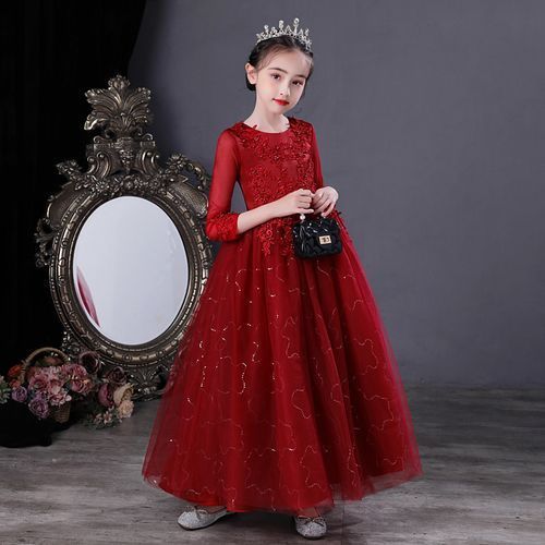 Girl Lace Christmas Birthday Party Dress Wedding Formal Gown Red +Crown For Free