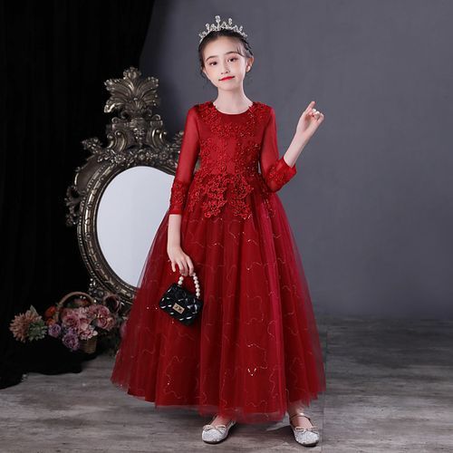 Girl Lace Christmas Birthday Party Dress Wedding Formal Gown Red +Crown For Free