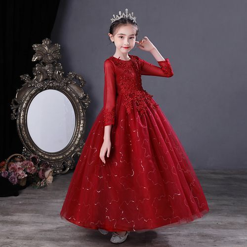 Girl Lace Christmas Birthday Party Dress Wedding Formal Gown Red +Crown For Free