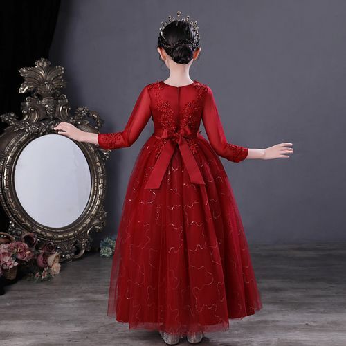 Girl Lace Christmas Birthday Party Dress Wedding Formal Gown Red +Crown For Free