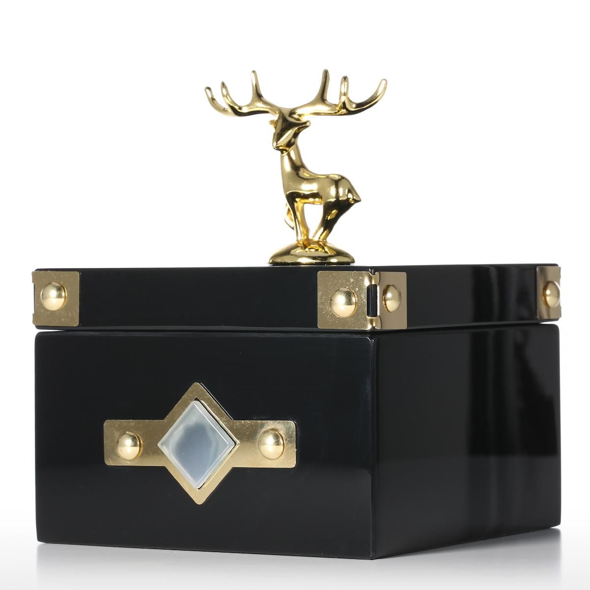 Square Jewelry Box (Golden - Deer Small Size) Storage Case Wooden Ring Necklace Storage Box Birthday Gifts for Women Black Velvet