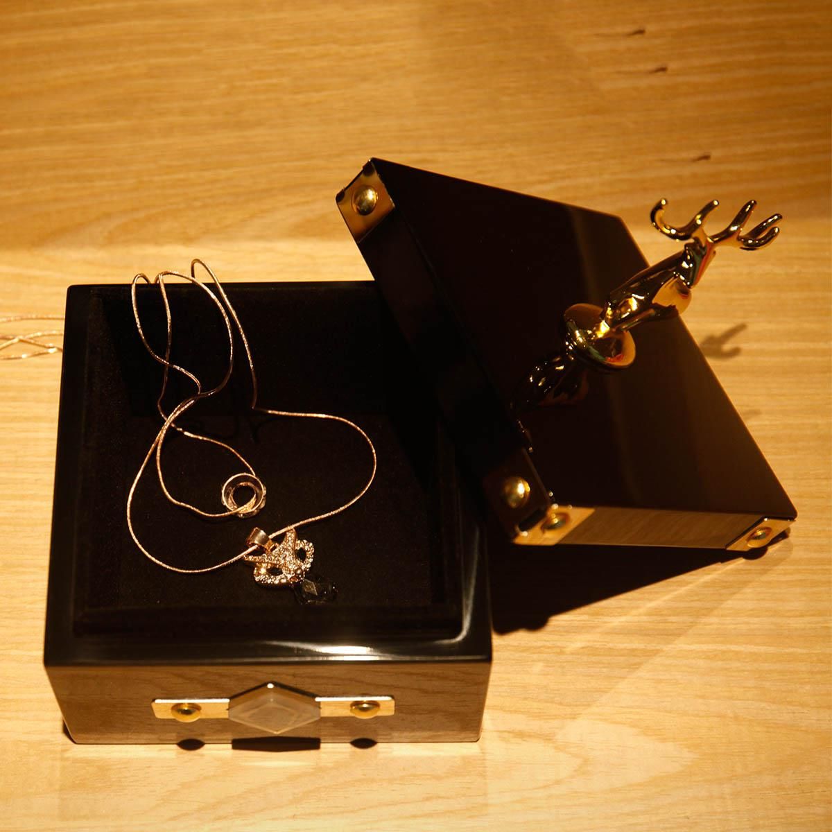 Square Jewelry Box (Golden - Deer Small Size) Storage Case Wooden Ring Necklace Storage Box Birthday Gifts for Women Black Velvet