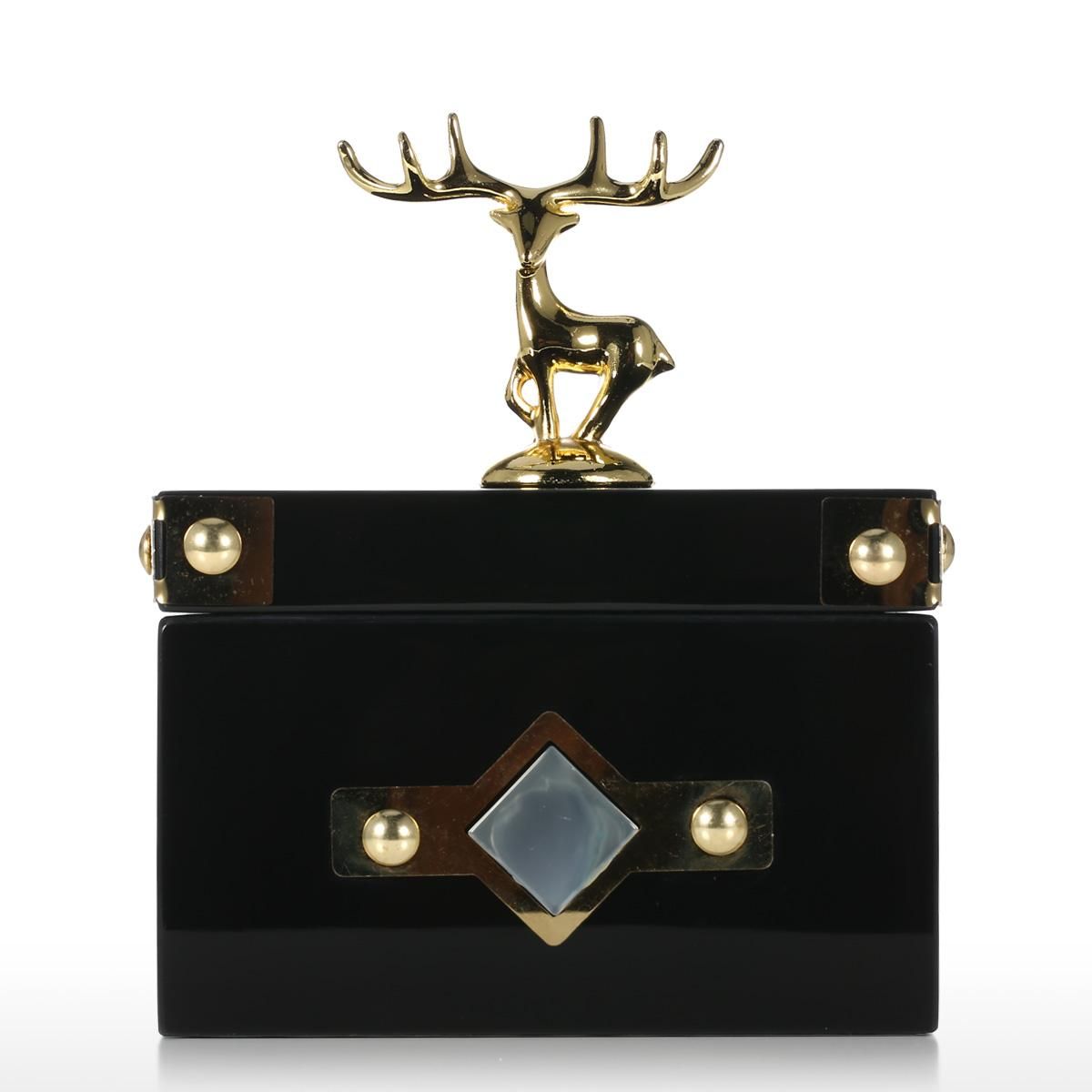 Square Jewelry Box (Golden - Deer Small Size) Storage Case Wooden Ring Necklace Storage Box Birthday Gifts for Women Black Velvet
