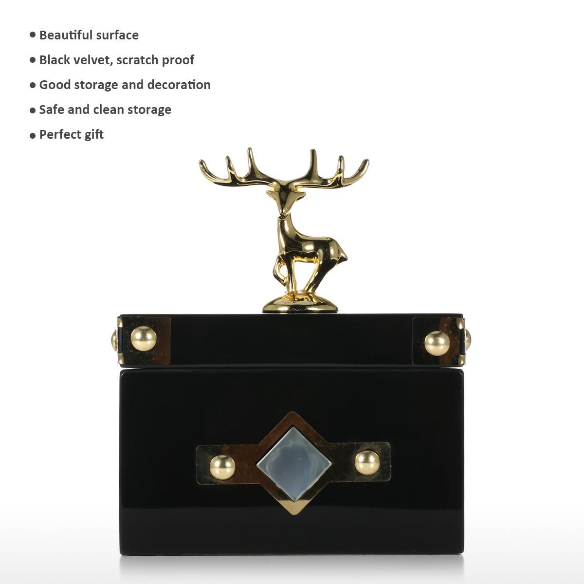 Square Jewelry Box (Golden - Deer Small Size) Storage Case Wooden Ring Necklace Storage Box Birthday Gifts for Women Black Velvet