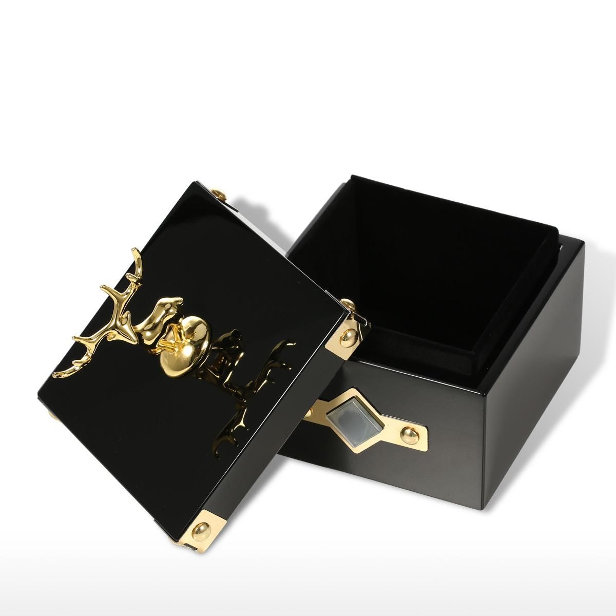 Square Jewelry Box (Golden - Deer Small Size) Storage Case Wooden Ring Necklace Storage Box Birthday Gifts for Women Black Velvet