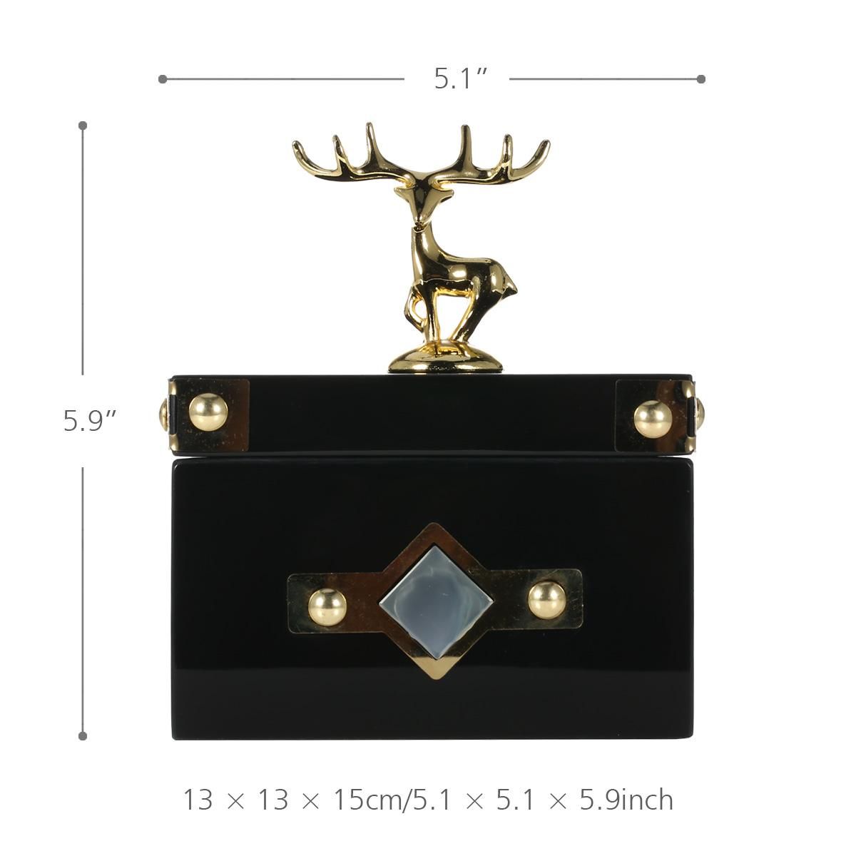 Square Jewelry Box (Golden - Deer Small Size) Storage Case Wooden Ring Necklace Storage Box Birthday Gifts for Women Black Velvet