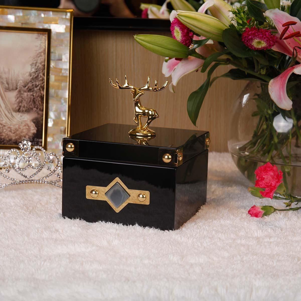 Square Jewelry Box (Golden - Deer Small Size) Storage Case Wooden Ring Necklace Storage Box Birthday Gifts for Women Black Velvet