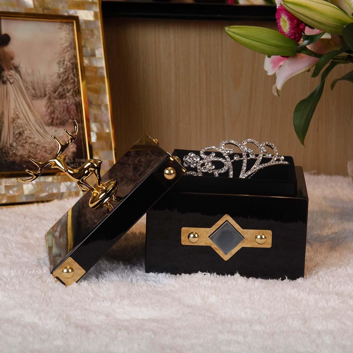 Square Jewelry Box (Golden - Deer Small Size) Storage Case Wooden Ring Necklace Storage Box Birthday Gifts for Women Black Velvet