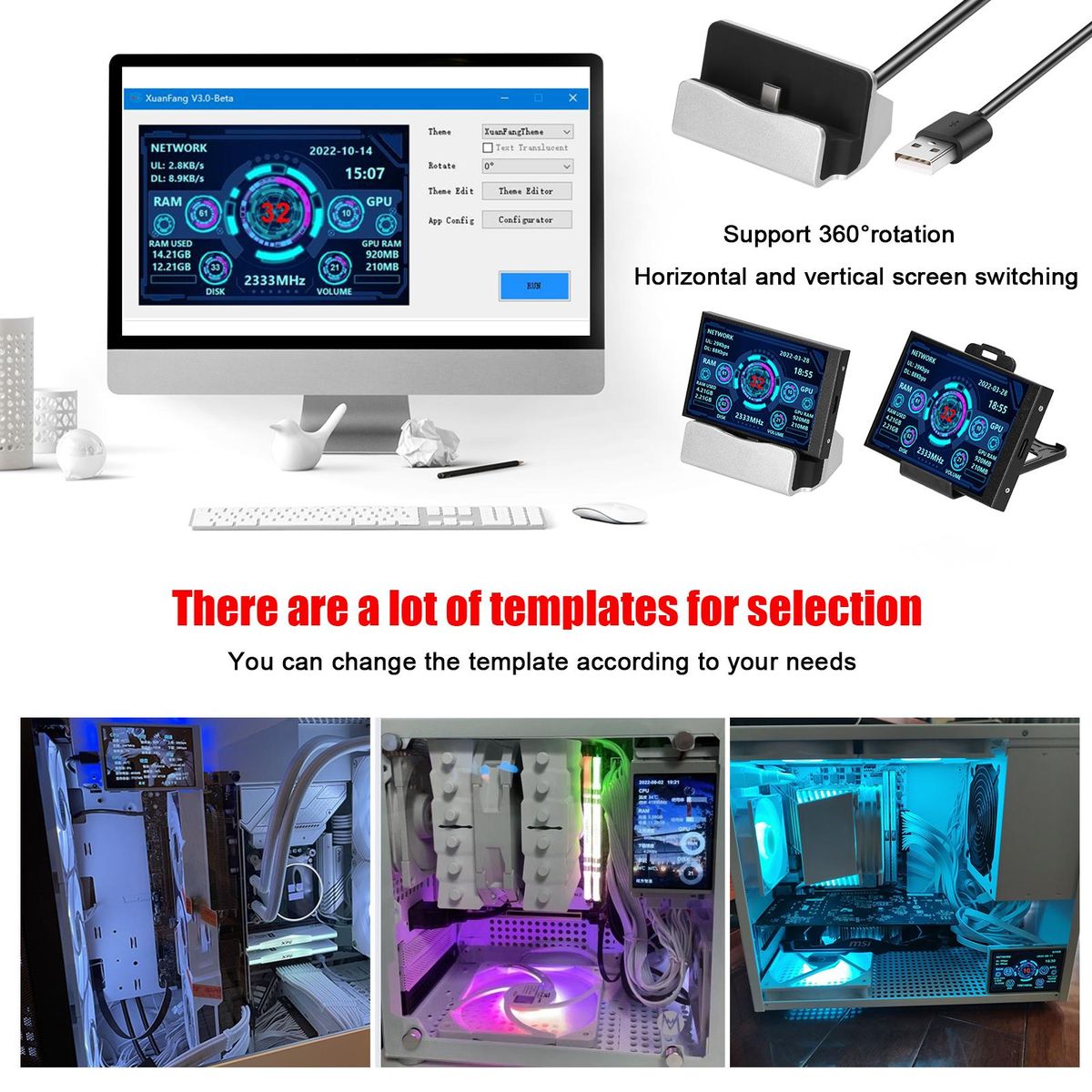 3.5 Inch IPS Display Screen USB Secondary Screen Computers CPU GPU RAM HDD Monitor Time Date Display Horizontal Vertical Screen Switch