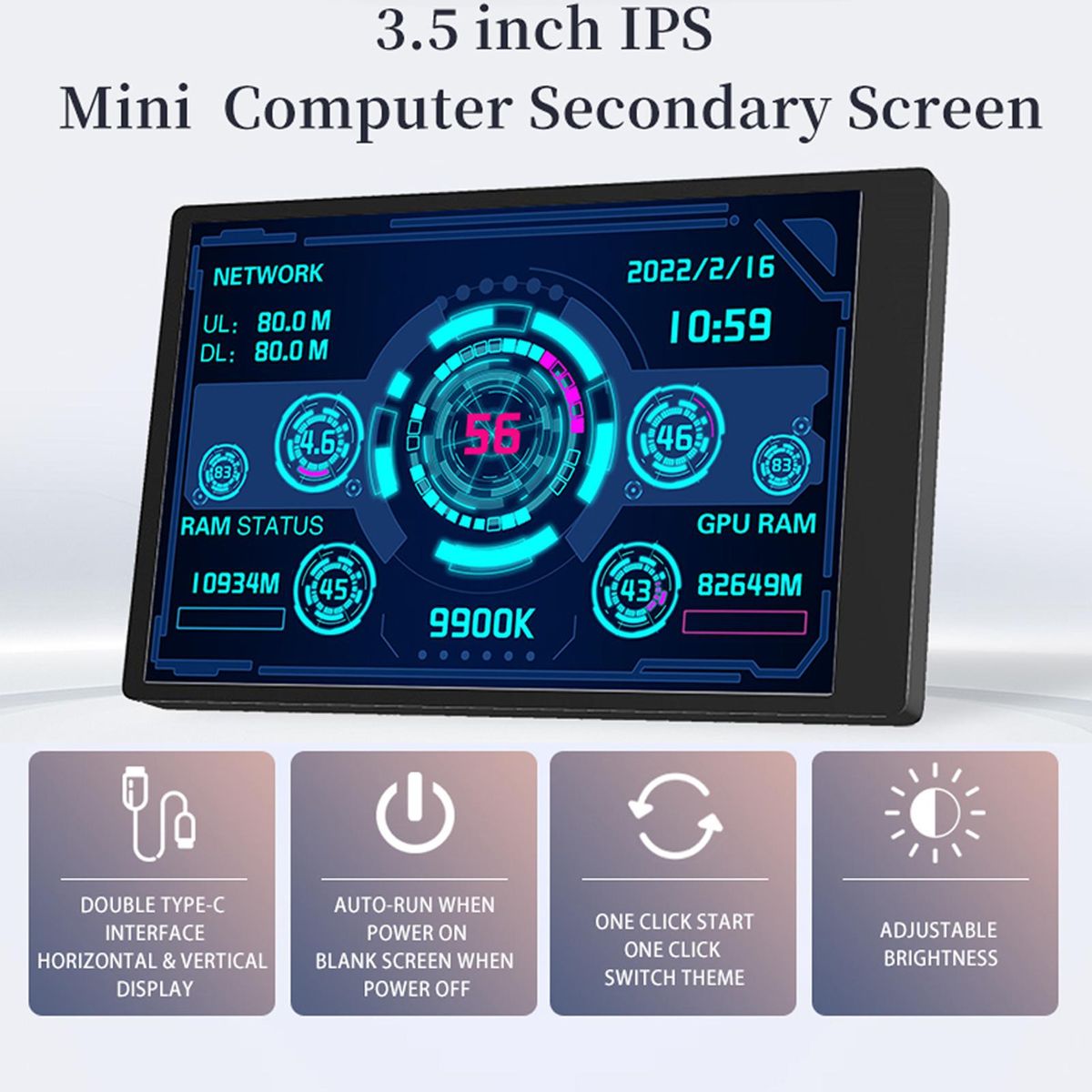 3.5 Inch IPS Display Screen USB Secondary Screen Computers CPU GPU RAM HDD Monitor Time Date Display Horizontal Vertical Screen Switch