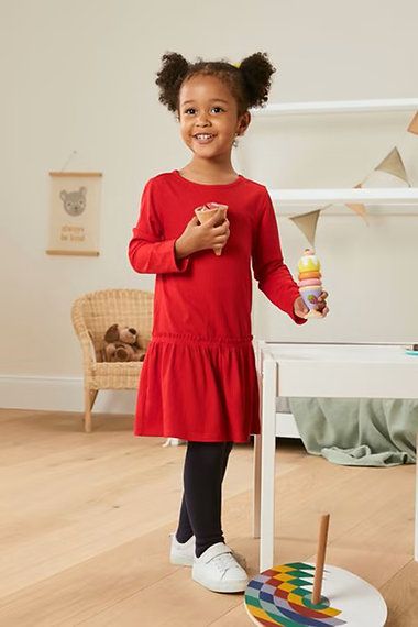 Toddlers Girl Ribbed Long Sleeves Jersey Dress, Red