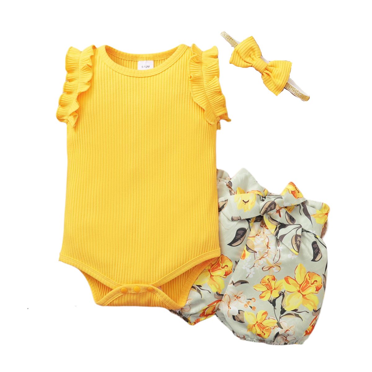 Newborn Baby Girls Summer Outfit Set Floral Design Short Sleeve Ribbed Bodysuit