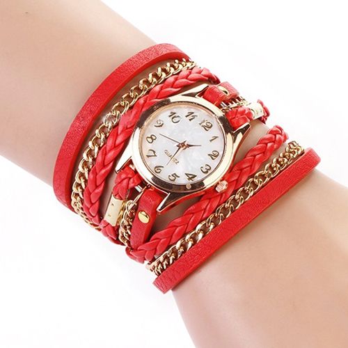 Women Vintage Multilayer Faux Leather Alloy Braided-Red