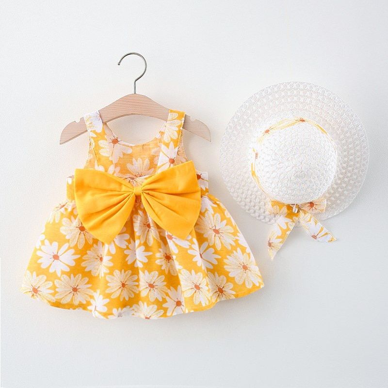 2pcs Girls Dress Bow Baby Beach Dresses Newborn Clothe Hat