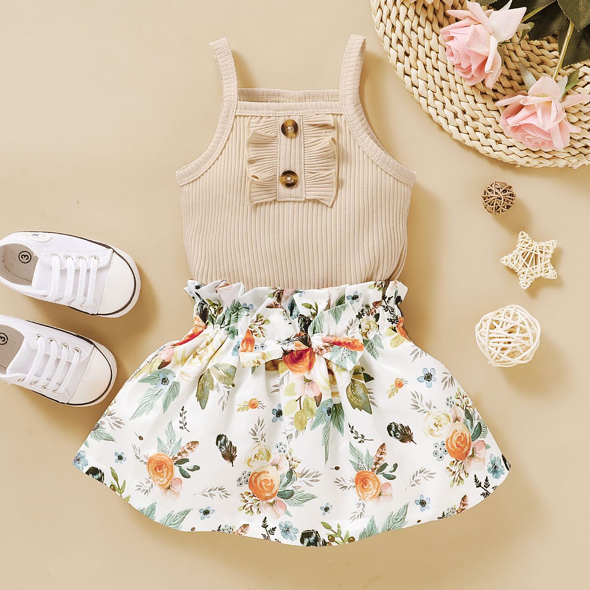 Baby Girls Summer Outfit Set Ribbed Vest With Shorts -Beige