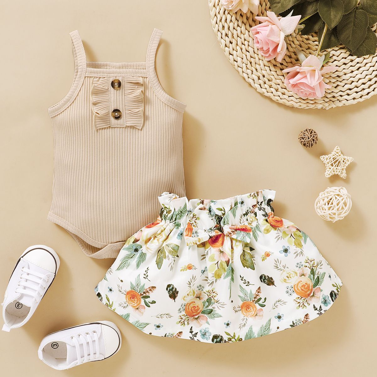 Baby Girls Summer Outfit Set Ribbed Vest With Shorts -Beige