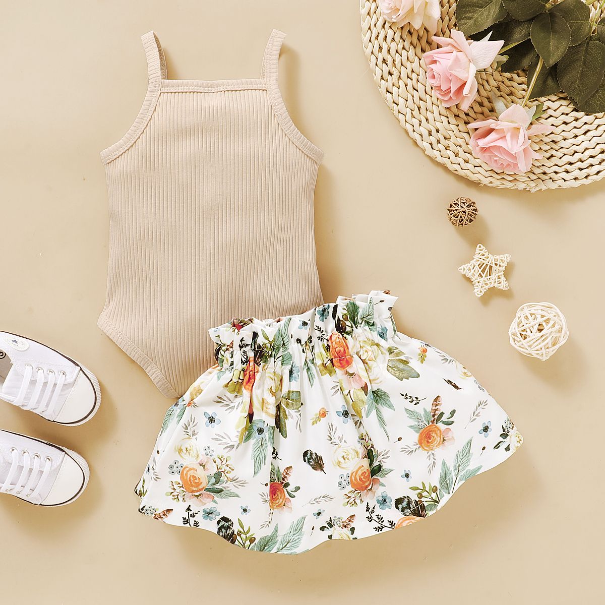 Baby Girls Summer Outfit Set Ribbed Vest With Shorts -Beige