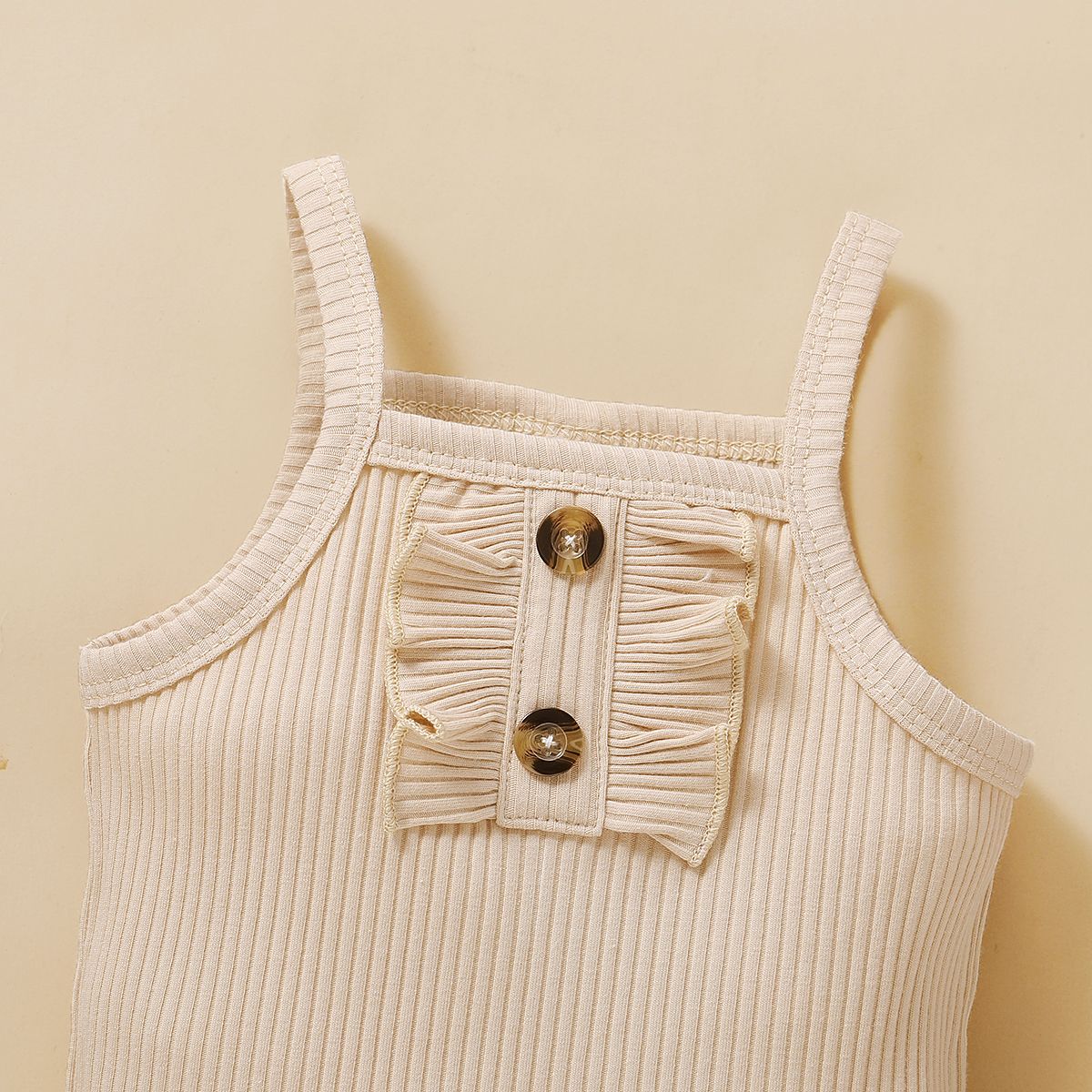 Baby Girls Summer Outfit Set Ribbed Vest With Shorts -Beige