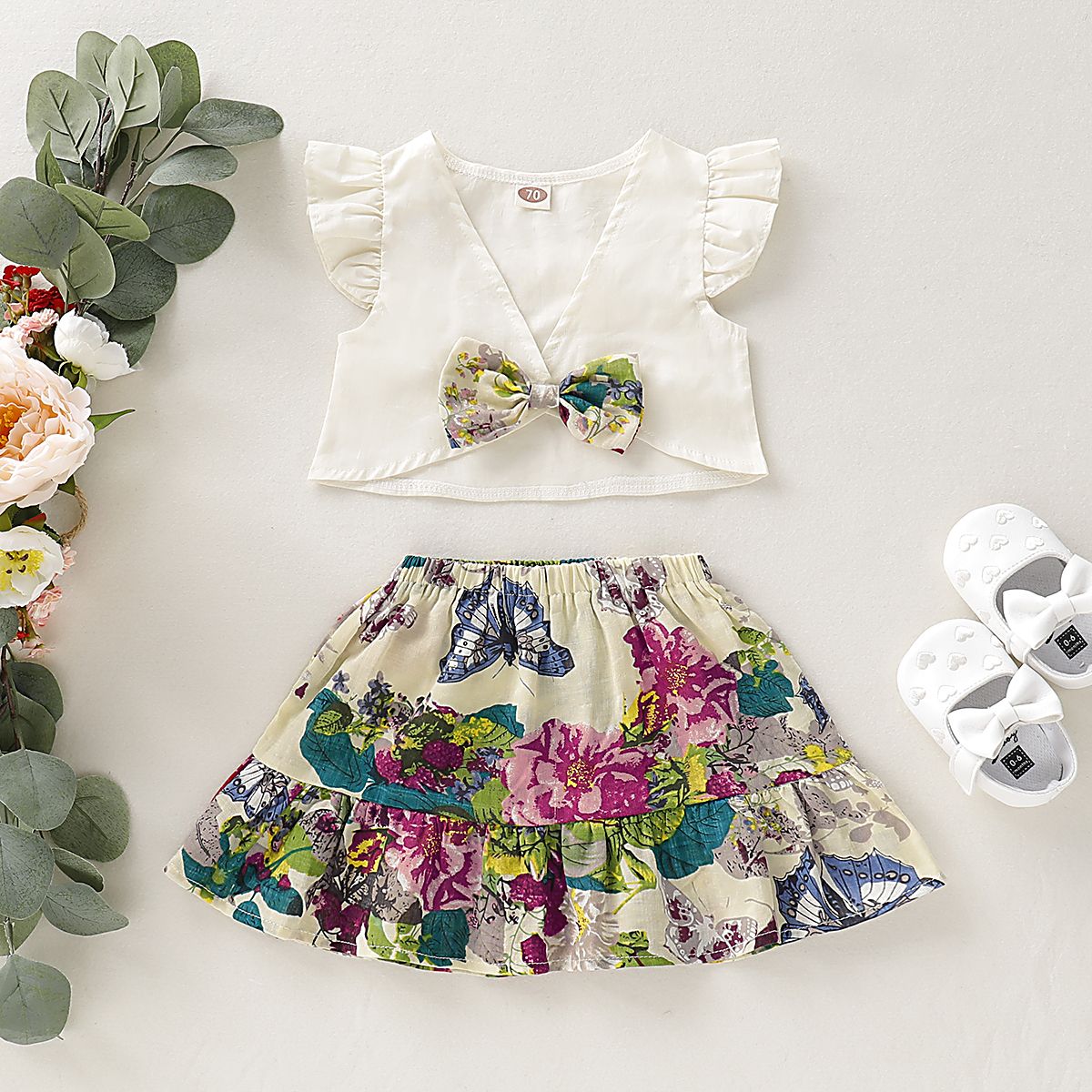 0-3 Years Toddler Baby Girl 2PCS Set/Ruffle Sleeveless Tops+Floral Skirt