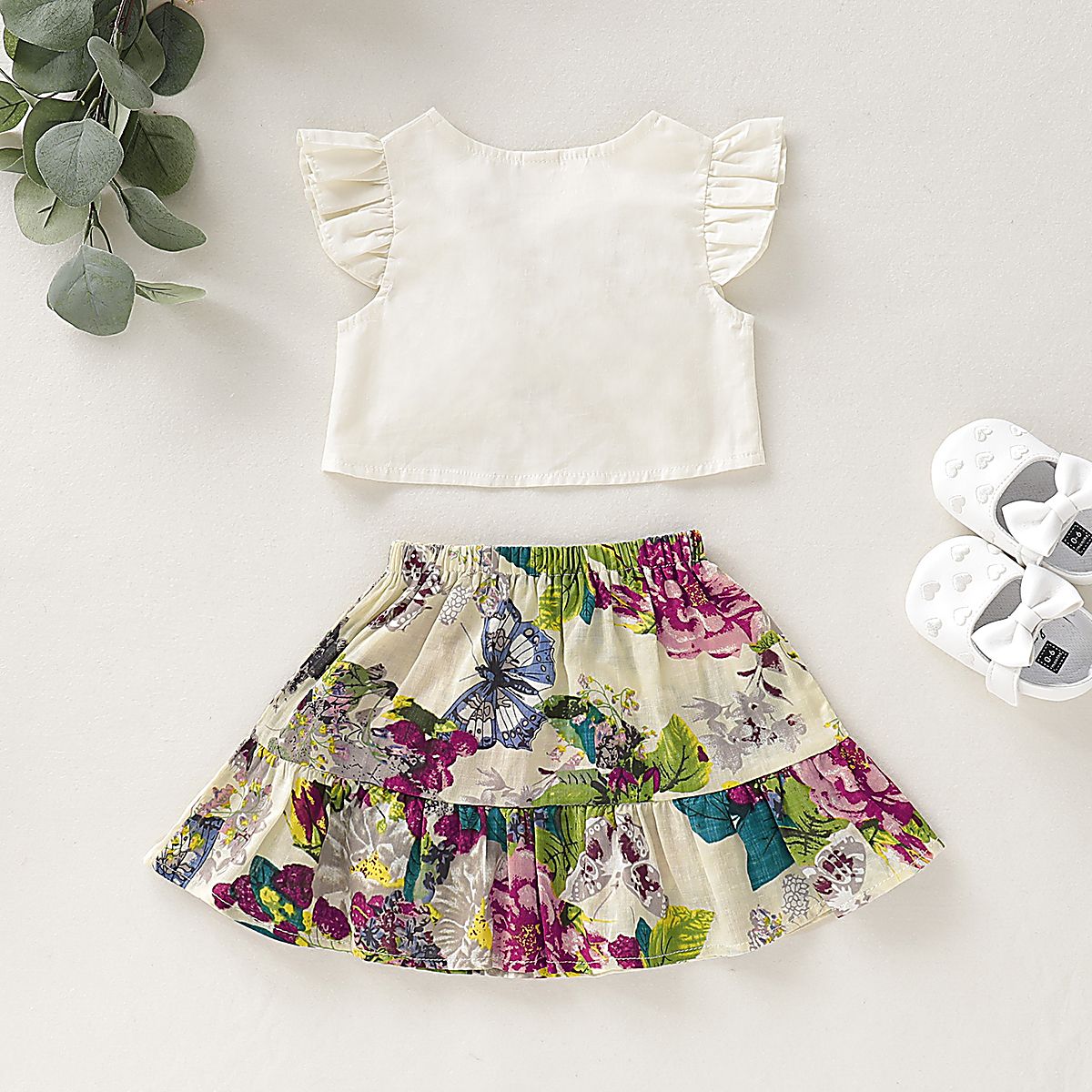 0-3 Years Toddler Baby Girl 2PCS Set/Ruffle Sleeveless Tops+Floral Skirt