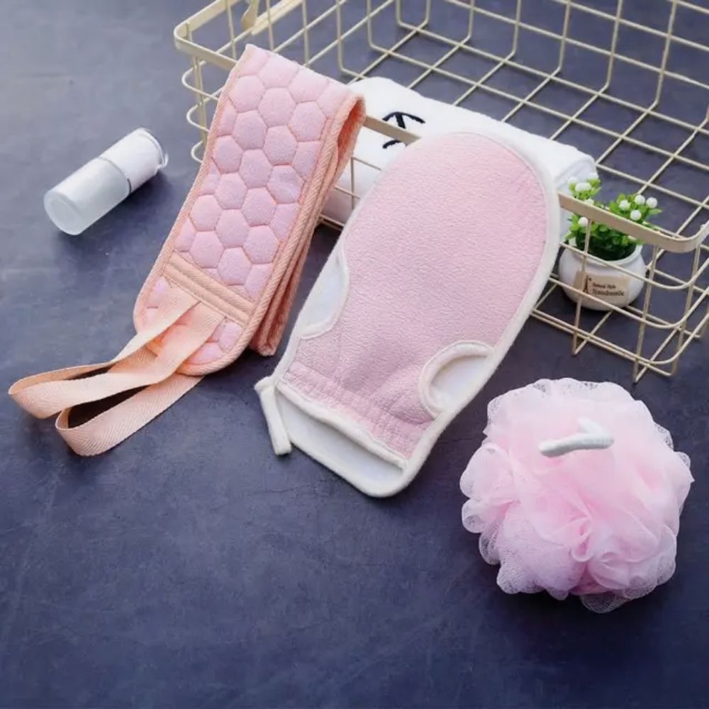 3in1 Exfoliating Body Back Scrubber Set ( Back Scrubber, Bath Glove And Shower Bath  Loofah Sponge)