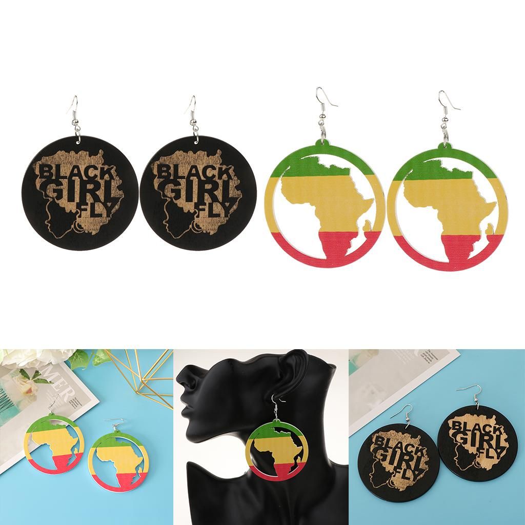 2x Natural Wooden Round Earrings Painted Dangle Drop With