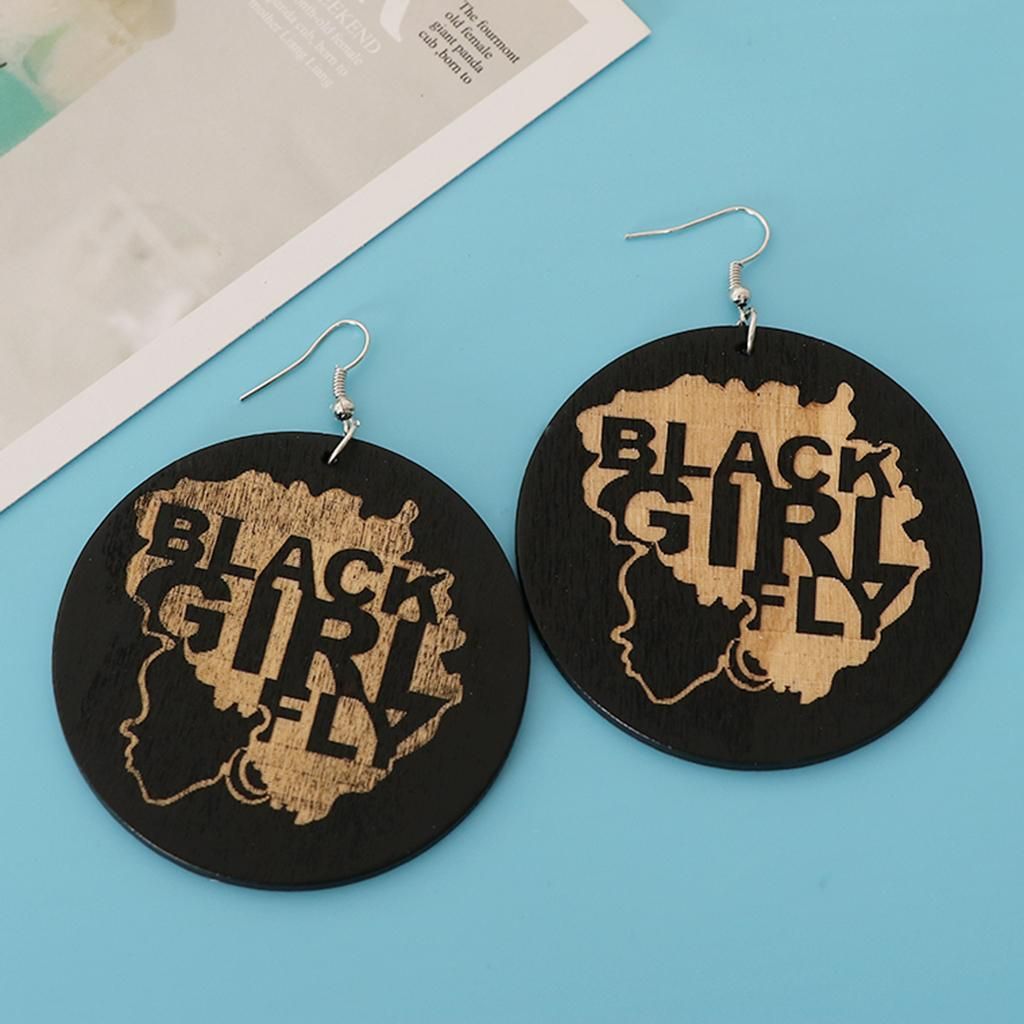 2x Natural Wooden Round Earrings Painted Dangle Drop With