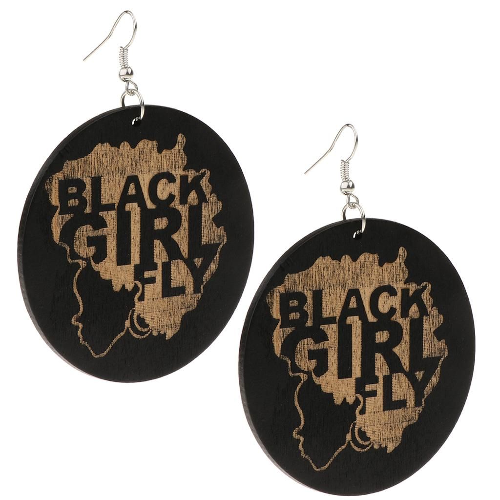 2x Natural Wooden Round Earrings Painted Dangle Drop With