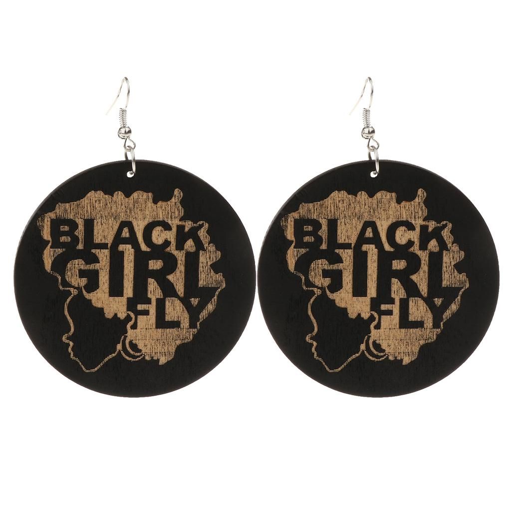 2x Natural Wooden Round Earrings Painted Dangle Drop With