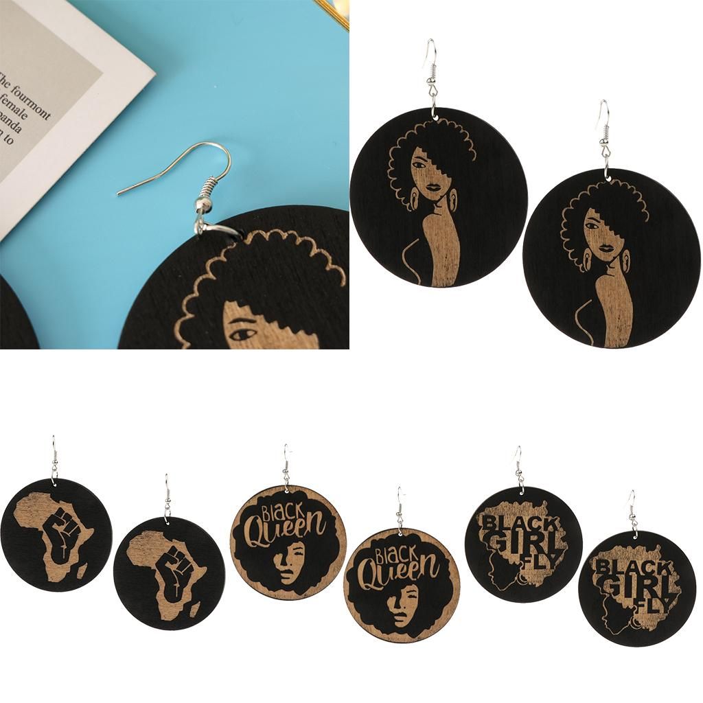 2x Natural Wooden Round Earrings Painted Dangle Drop With