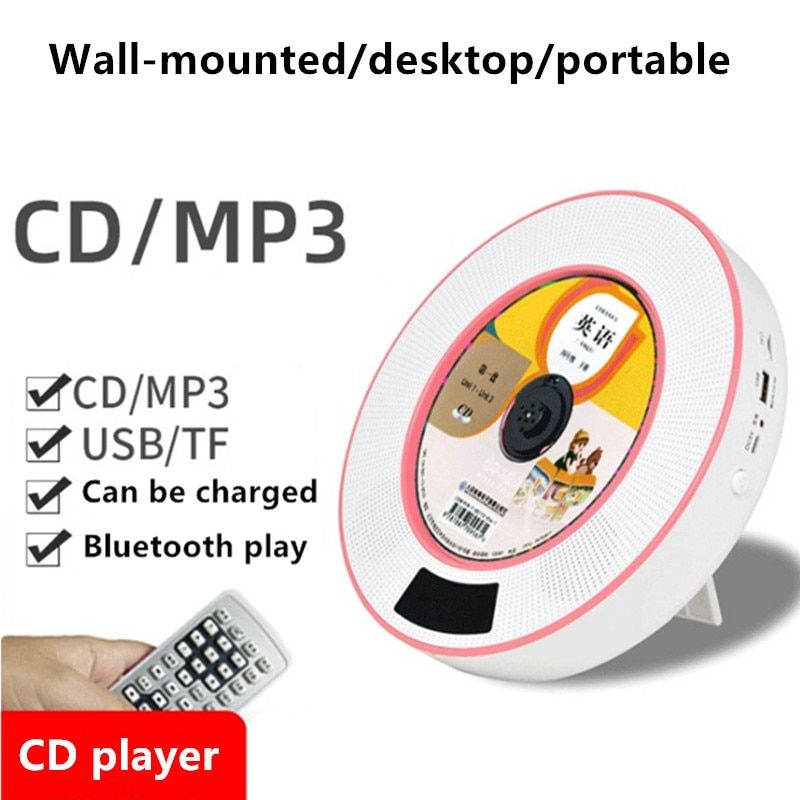 Wall Mounted CD Player Desktop Bluetooth 2 Speaker TF Card U Disk MP3 Portable Walkman Disc Machine Remote Sound LED Display USB
