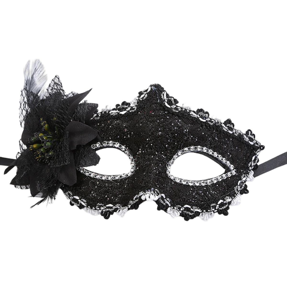 Glittering Floral Half Face Guard Lightweight Halloween Masquerade Black