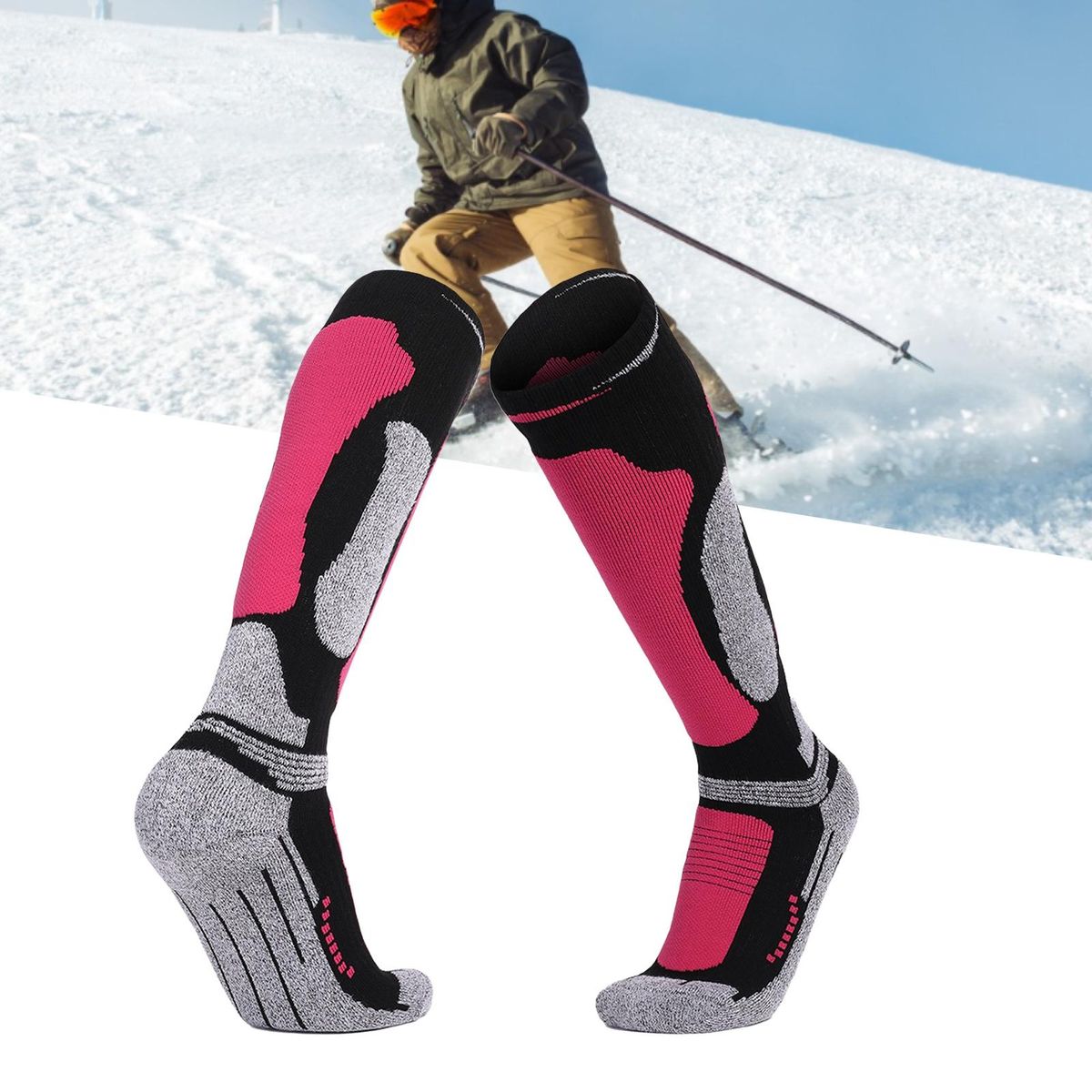 1 Pair Unisex Ski Socks High Stretch Sweat Absorption Compression Socks Rose Red