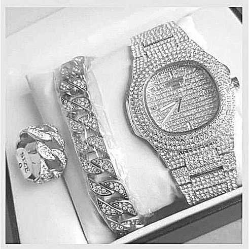 Set Of Iced Wristwatch With Bangle And Ring - Silver