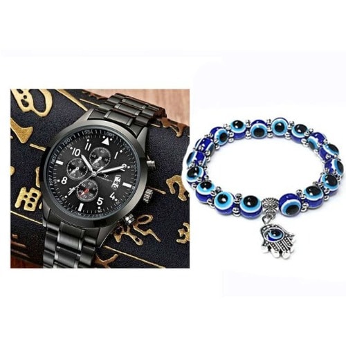 2in1 Studded Unisex Bracelet Date Wristwatch With Bracelet- Black