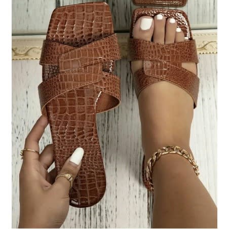 Female Leather Slippers - Brown