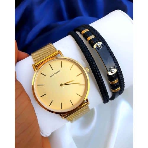 Wristwatch + Wrist Sets For Men - Gold & Black