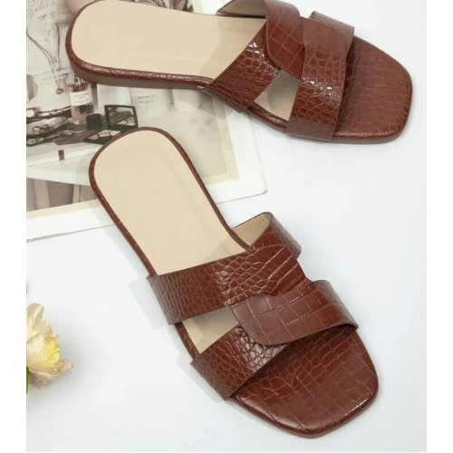Realwon Female Skin Leather Slippers- Brown