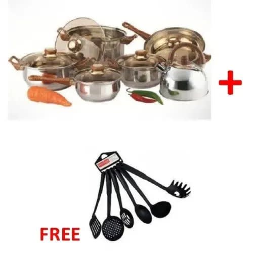 6 Pcs- 4 Pots 1 Frypan 1 Kettle + Free 6 Pcs Non Stick Spoons